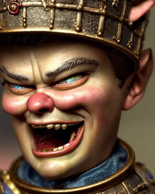 Image similar to highly detailed closeup, face profile portrait of a tin toy leonardo dicaprio as a medieval goblin eating cakes in a castle, hyper realistic, artstation, illustration, nicoletta ceccoli, mark ryden, lostfish, dan decarlo, bob clampett, max fleischer, digital paint, matte paint, vivid colors, detailed and intricate environment