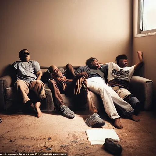 Prompt: gang members chilling around dirty couch in a beige room thick atmospheric dust sun barely shines through the blinds jonathan zawada style photography