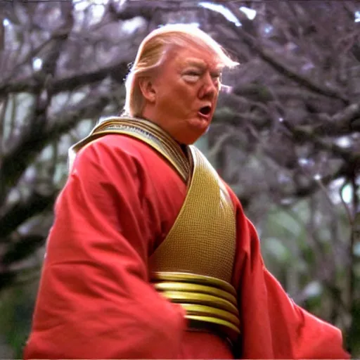 Prompt: cinematic film still Donald Trump starring as a Samurai, Japanese CGI, VFX, 2003, 40mm lens, shallow depth of field, film photography