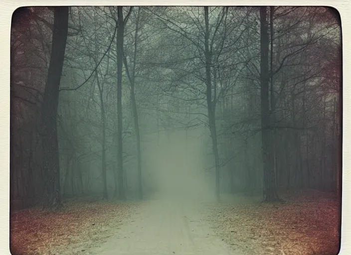 Image similar to medium shot, an evil horse is walking, woods, horror, fog, the horse is breathing smoke, polaroid photo, vintage, neutral colors, by gregory crewdson,