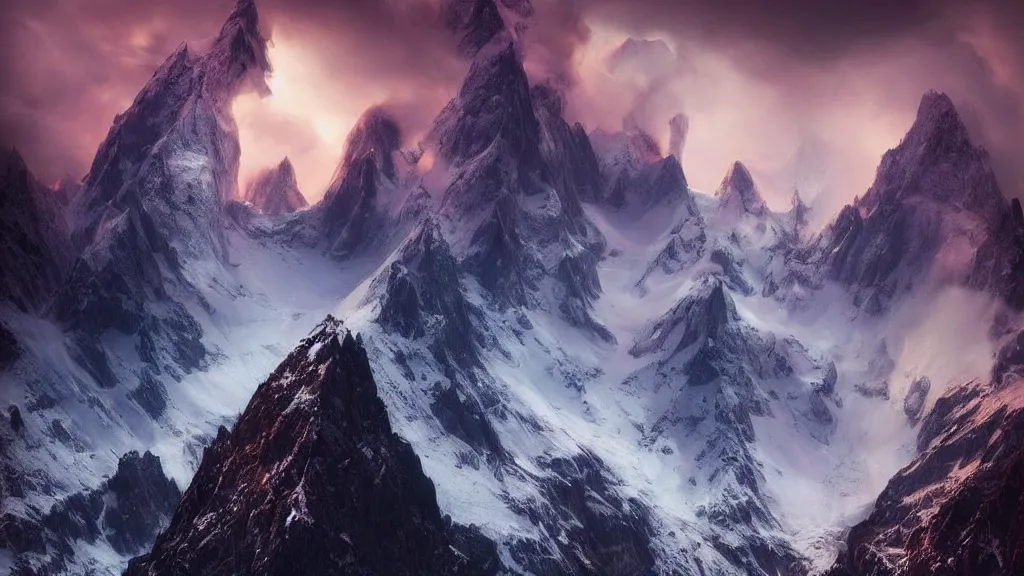 Prompt: amazing landscape photo of mountains with dragons flying over by marc adamus, beautiful dramatic lighting