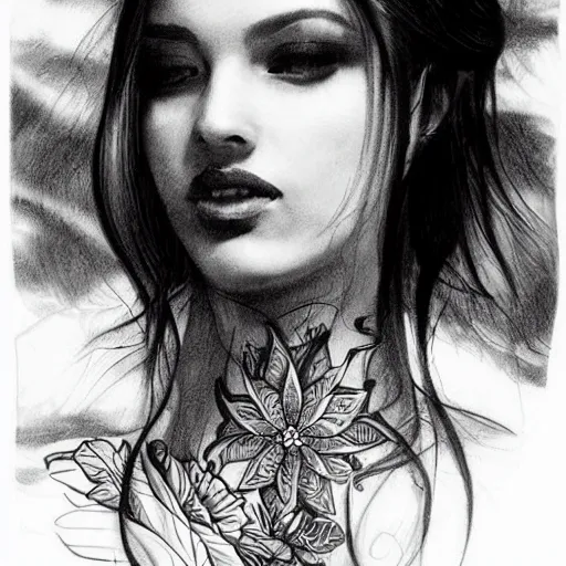 Image similar to tattoo design sketch of a beautiful girl at beautiful mountain scenery, hyper realistic