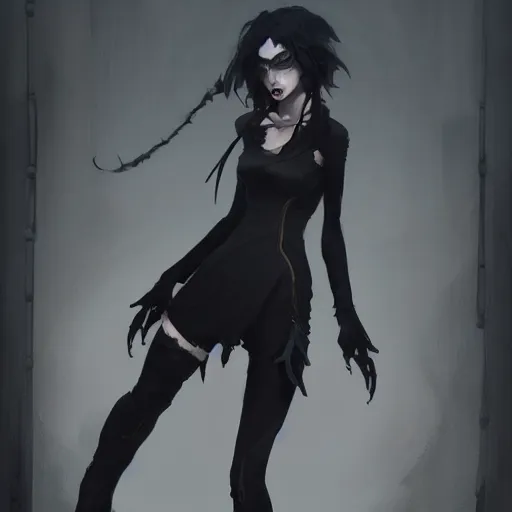 Image similar to female goth human vampire witch in the style of greg rutkowski, makoto shinkai, trending on artstation, character design, concept art, pretty face, forward facing, highly detailed, digital art