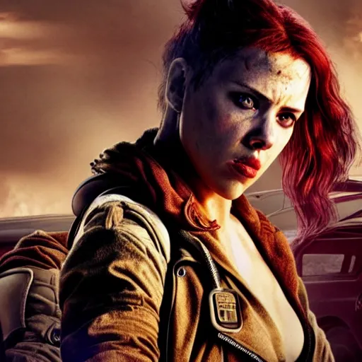 Image similar to Fury Road sandstorm scarlett johansson after a bad mission in Cyberpunk 2077. CP2077. 3840 x 2160