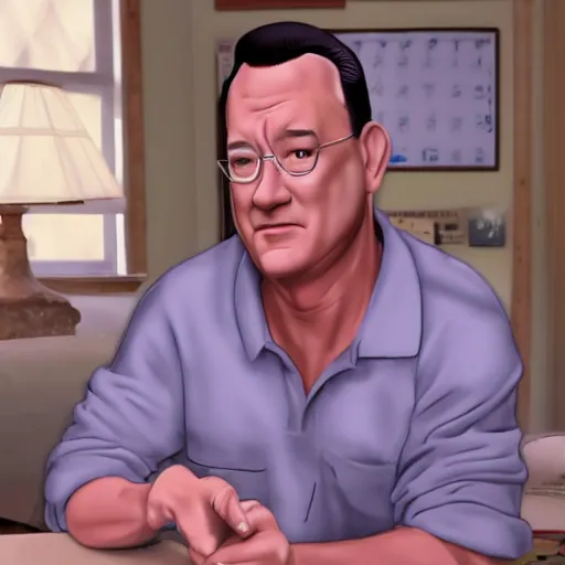 Prompt: Live Action Still of Tom Hanks dressed as and playing Hank Hill in the Live Action King of the Hill Movie, real life, hyperrealistic, ultra realistic, realistic, highly detailed, detailed, very detailed, cool, ultra detailed, very realistic, trending on artstation, epic, HD quality, 8k resolution, body and headshot, film still, real, detailed face, very detailed face, real life, front face, front view, dramatic lighting, real, real world