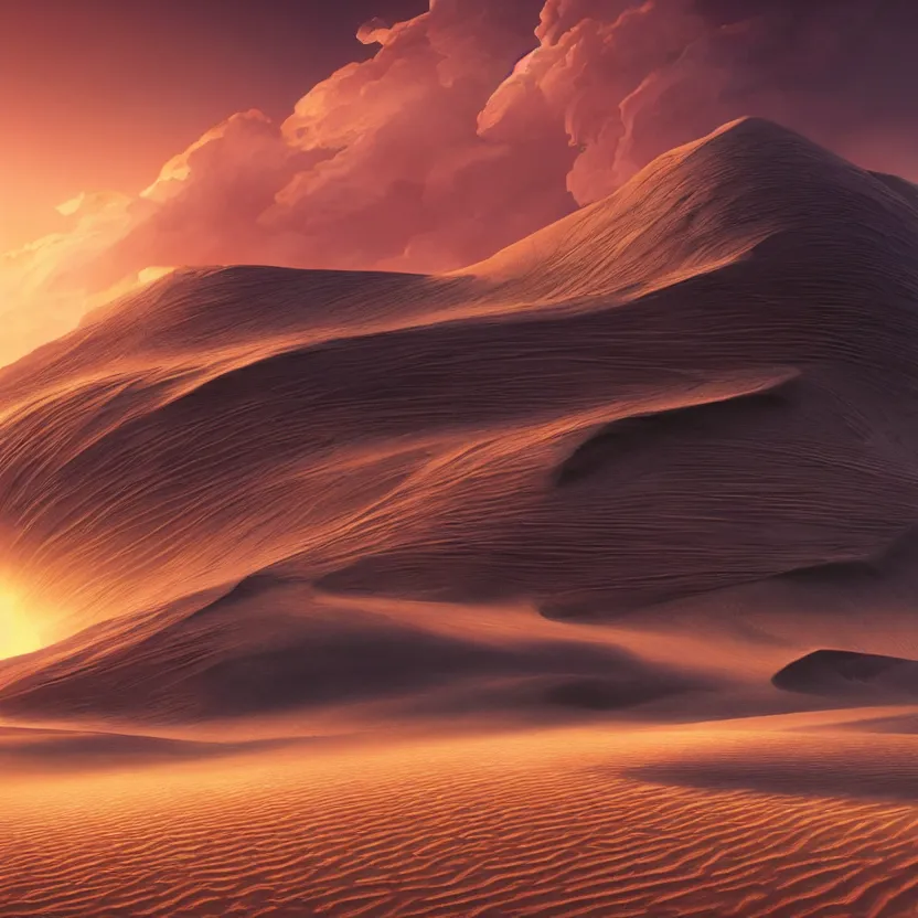 Image similar to ancient megastructure, sand dunes, sunset, clouds, dark colors!, mountains, beautiful lighting, vivid colors, intricate, elegant, smooth, sharp focus, highly detailed digital painting, concept art, cinematic, unreal engine, 4 k wallpaper, svetlin velinov, tarmo juhola, cgsociety, artstation trending, deviantart featured