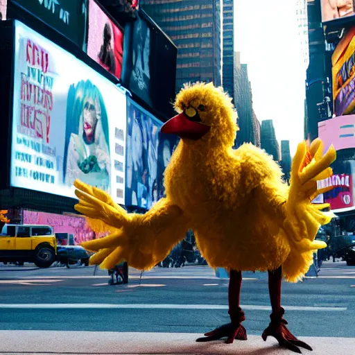 Prompt: big bird as a homeless hooker begging for fentanyl in times square, ultra detailed, 8 k, photorealism, rule of thirds, octane render, cosplay, cinematic lighting.