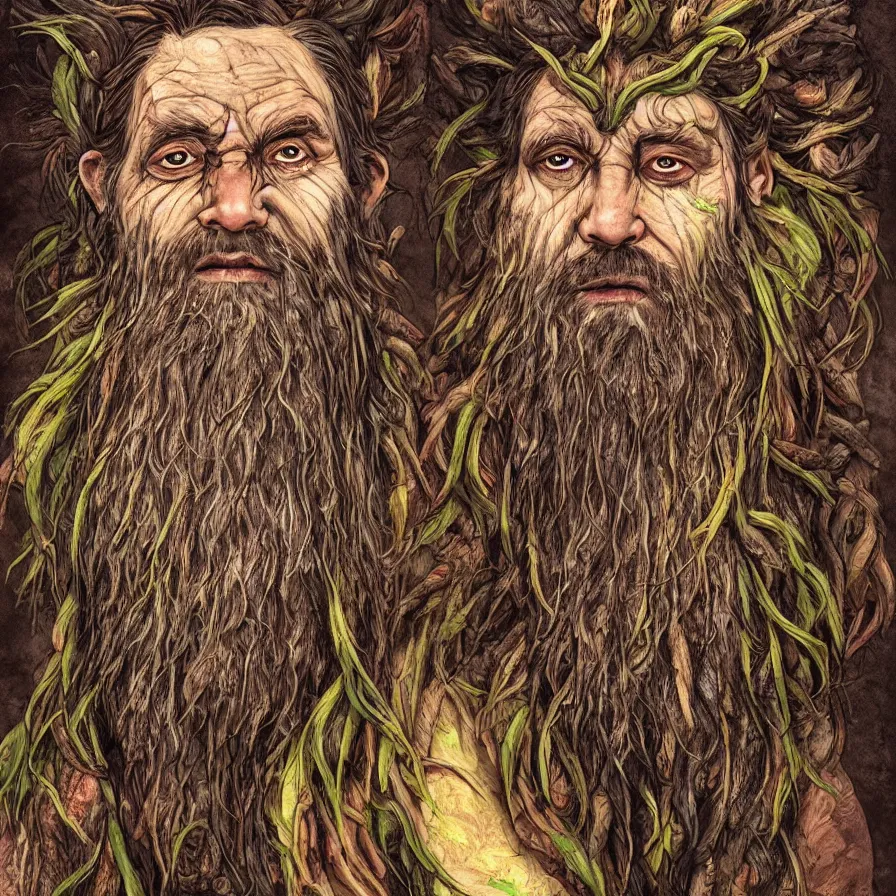 Image similar to Portrait of the Primeval Forest God, a wise bearded Western male druid deity with gaseous blind eyes who presides over the wilderness and brings wisdom onto the world. His body is partially covered in tree bark. Headshot, insanely nice professional hair style, dramatic dark brown tribal hair, bright colourful halo around the head, digital painting, of a old 17th century, amber jewels, baroque, ornate clothing, tribalistic sci-fi, realistic, hyper-detailed, chiaroscuro, concept art, art by Franz Hals and Jon Foster and Ayami Kojima and Amano and Karol Bak,