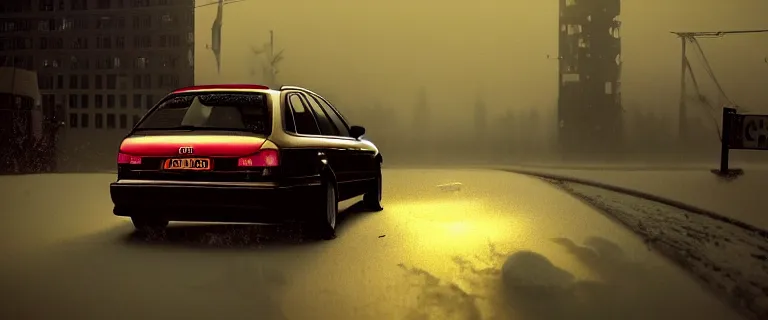 Prompt: Audi A4 B6 Avant (2002), a gritty neo-noir, dramatic lighting, cinematic, eerie person, death, homicide, homicide in the snow, gunshots, establishing shot, extremely high detail, photorealistic, red fog, chaos, arson, burning city, cinematic lighting, artstation, by simon stalenhag, Max Payne (PC) (2001) winter New York at night, In the style of Max Payne 1 graphic novel, flashing lights, Poets of the Fall - Late Goodbye