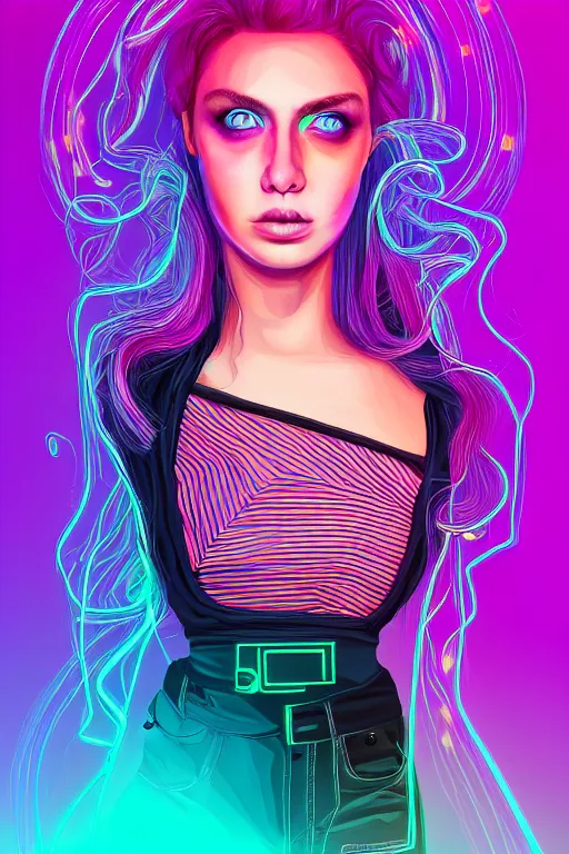 Image similar to a award winning half body portrait of a beautiful woman with stunning eyes in a croptop and cargo pants with ombre purple pink teal hairstyle by thomas danthony, surrounded by whirling illuminated lines, outrun, vaporware, shaded flat illustration, digital art, trending on artstation, highly detailed, fine detail, intricate