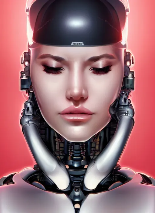 Image similar to portrait of a cyborg woman who turns her head to the ((((((right))))) left+350 (((((up))))) (((((down))))) by Artgerm,eyes closed , biomechanical, hyper detailled, trending on artstation