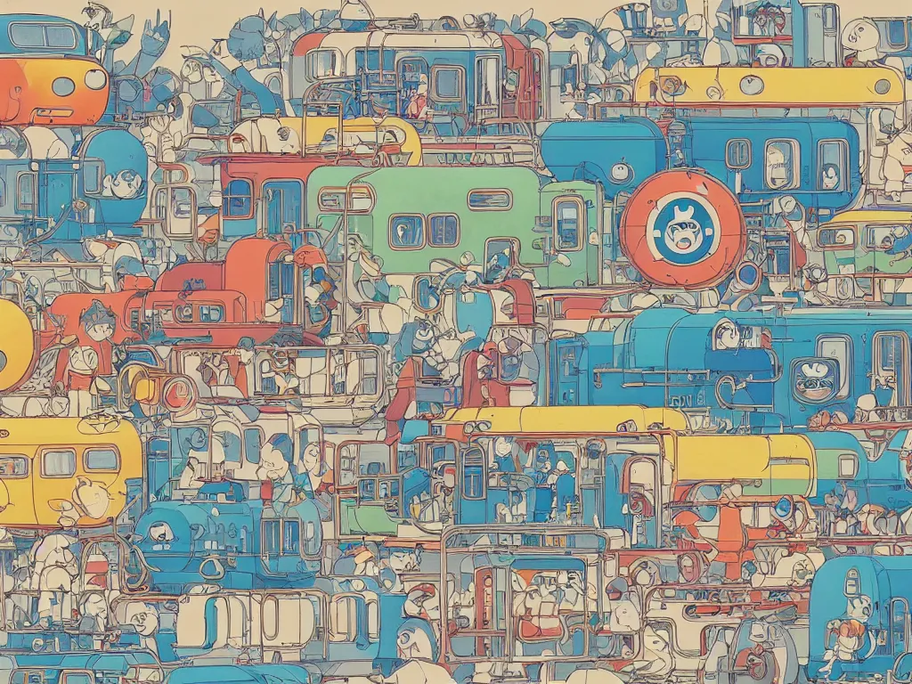 Image similar to colorful blueprint sideview of a anime train, illustration, concept art, autumn light, colorful, beautiful, studio ghibli, hayao miyazaki, takashi murakami, manga, cute and adorable