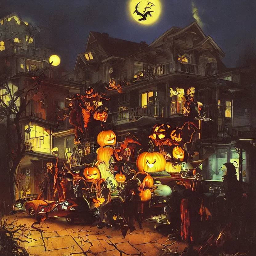 Image similar to a framed painting of a halloween scene in a suburban neighborhood.. highly detailed science fiction painting by norman rockwell, frank frazetta, and syd mead. rich colors, high contrast, gloomy atmosphere, dark background. trending on artstation