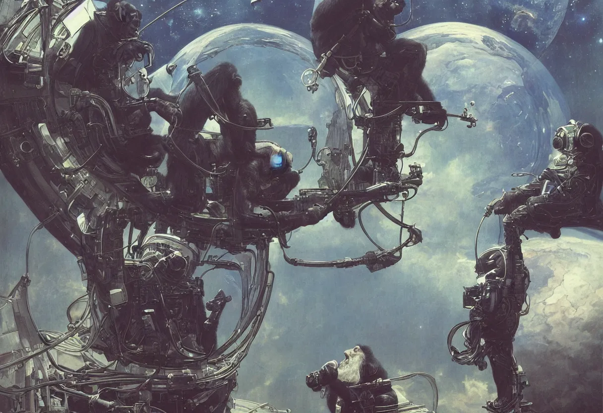 Prompt: a chimpanzee in an astronaut suit drinking a beer while floating in space, by daniel - by greg rutkowski and raymond swanland hr giger and zdzislaw beksinski and alphonse mucha and moebius, matte painting, hyperdetailed, symmetry, art nouveau, beautiful render, concept art