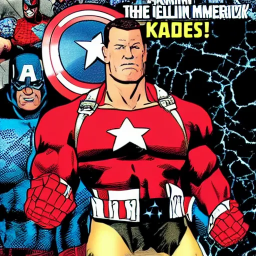 Image similar to John Cena wearing captain America's uniform, in a Marvel Comic Book