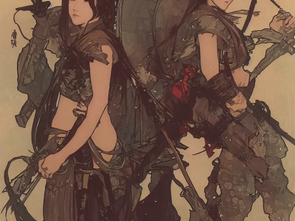 Image similar to a wandering samurai in full armor, dusk, by fiona staples, range murata, alphonse mucha