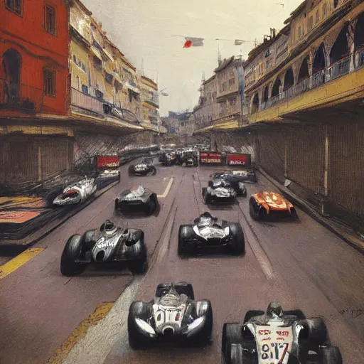 Image similar to a beautiful picture of a car race in the streets of monaco by greg rutkowski and theophile - alexandre steinlen trending on artstation