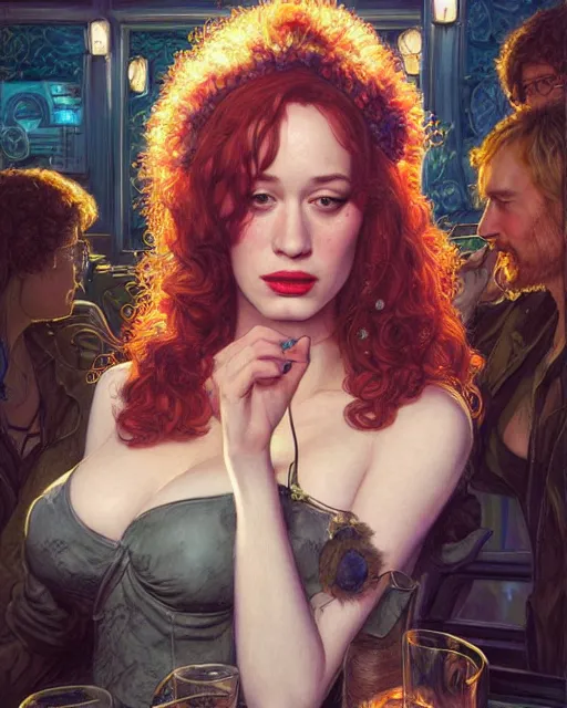 Prompt: sophisticated portrait of Christina Hendricks Brie Larson Kat Dennings, 1980s flower power hippy, very smoky cyberpunk Paris bar, elegance, highly detailed, shallow depth of field, Artstation, Artgerm, Donato Giancola and Joseph Christian Leyendecker