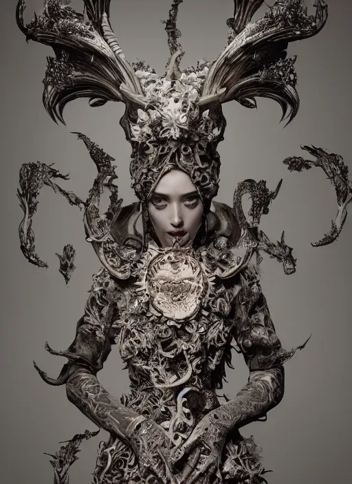 Image similar to a portrait of female by stefan geselle and nekro borja, photorealistic, intricate details, hyper realistic, fantasy, elegant, baroque, horn, ram skull headpiece, photorealistic, photography, symmetrical features, symmetrical pose, wide angle shot, feet on the ground, wearable art, unreal engine