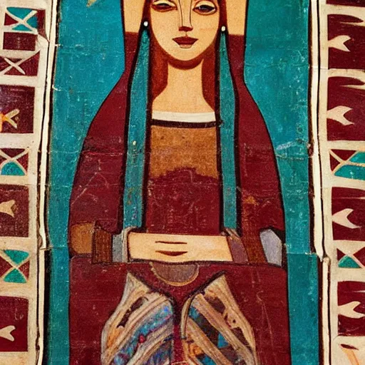 Image similar to sumerian mural of mona liza