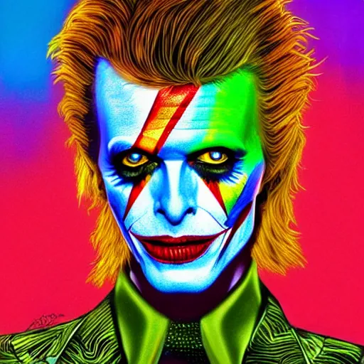 Prompt: an extremely psychedelic portrait of david bowie as the joker, surreal, lsd, face, detailed, intricate, elegant, lithe, highly detailed, digital oth, sharp focus, illustration,