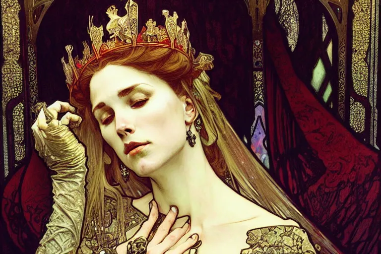 Prompt: intricate, elegant, dramatic, medieval queen mourning by artem demura and alphonse mucha