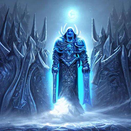 Image similar to A ultra detailed matte painting of Arthas lich king, by Dan mumford, trending on ArtStation