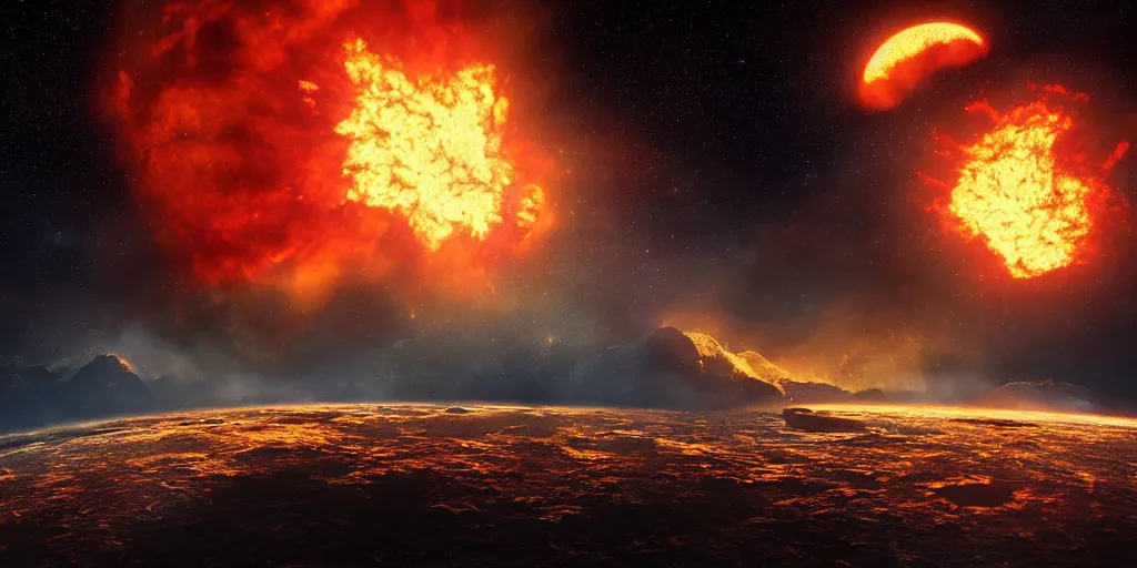 Prompt: Earth on fire and the moon exploding in the spatial background while the universe is pitch black , realistic 4k octane beautifully detailed render, 4k post-processing, highly detailed, intricate complexity, epic composition, magical atmosphere, cinematic lighting, masterpiece, ultra hd