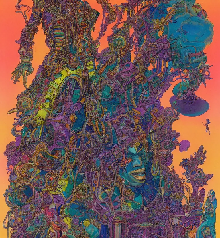 Prompt: colourful afrofuturist biomorphic opart temple, jimi hendrix full body, by pascal blanche and moebius and roger dean and giger and arthur rackham and syd mead and james jean and beksinski and greg hildebrandt, 8 k