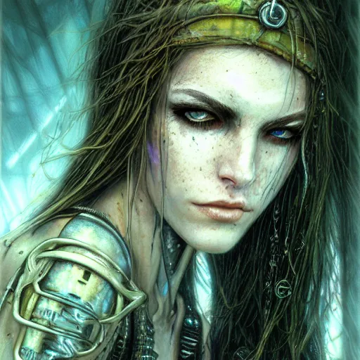 Image similar to an award finning closeup facial portrait by luis royo and john howe of a very beautiful and attractive female bohemian cyberpunk traveller aged 1 9 with green eyes and freckles in clothed in excessively fashionable cyberpunk gear and wearing ornate warpaint