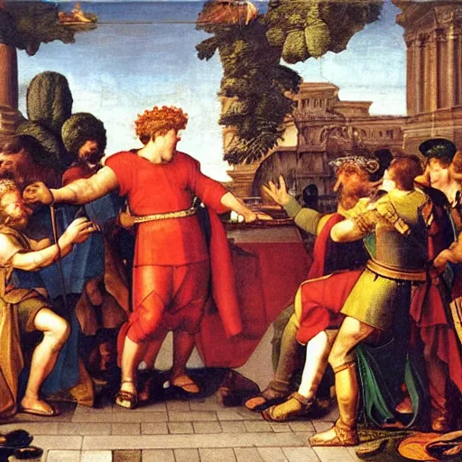 Image similar to alexander cutting the gordian knot, painting by raphael