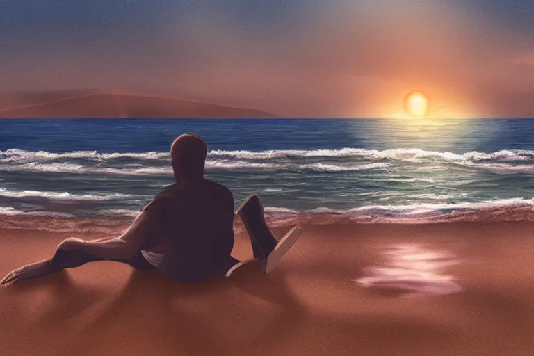 Image similar to a matte painting of a man watching the sunset by the beach, illustration, intricate details, muted colors