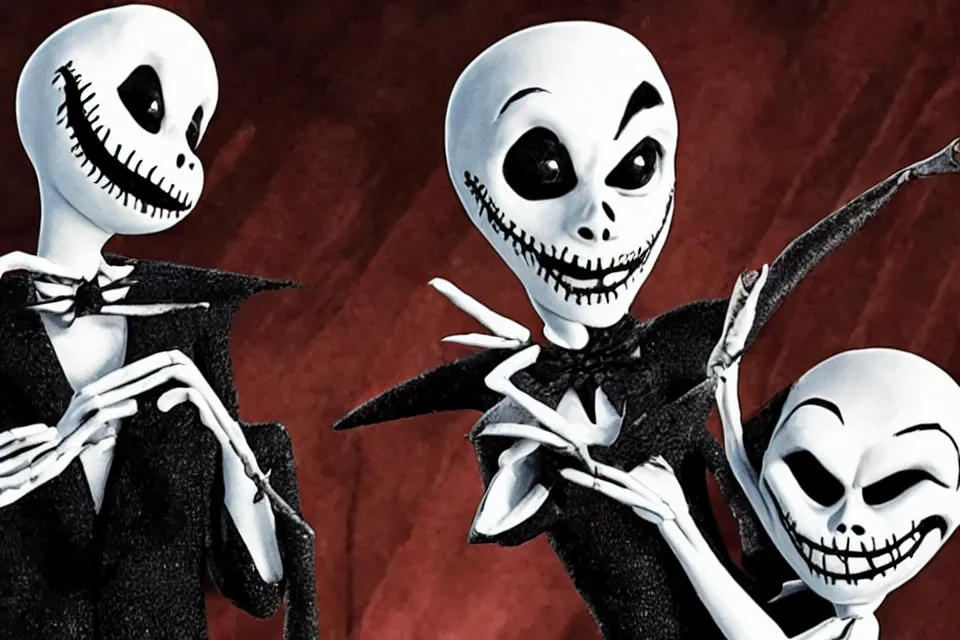 Prompt: Danny Elfman performing a duet with Jack Skellington with an orchestra of the dead