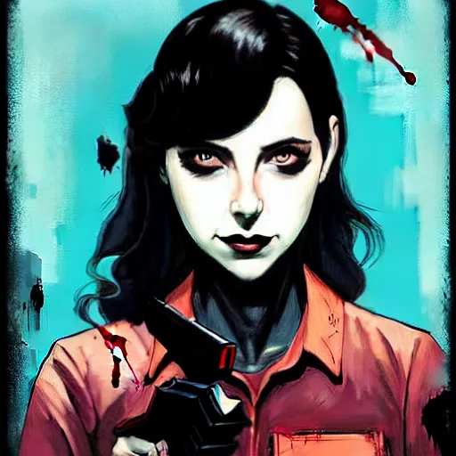 Prompt: Rafael Albuquerque comic cover art, loish, Sam yang, artgerm, Ross tran, pretty female Alison Brie serial killer holding bloody knife, blood on clothes and face, sarcastic smile, symmetrical eyes, symmetrical face, full body, jean jacket, jeans, short blonde hair, middle shot, highly saturated, deep blacks