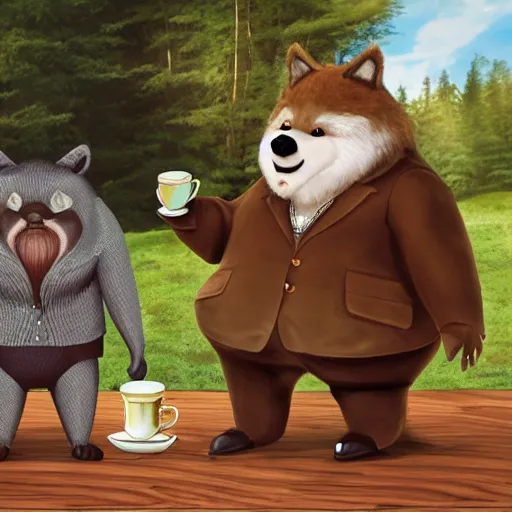 Prompt: an Short Obese gentleman and an anthropomorphic Timberwolf man enjoying a British Tea Party, hyperreal, Photorealistic