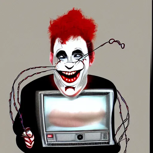 Prompt: Vampire clown with wires in his head watches old retro TV in a shabby motel room