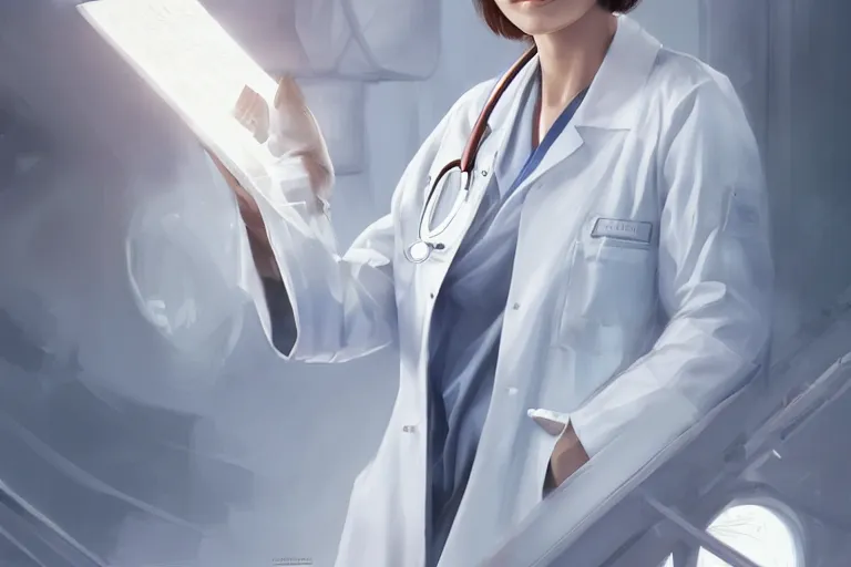 Image similar to a poster of an elegant and beautiful female doctor in a white coat in a hospital ward, cinematic, highly detailed, digital painting, artstation, concept art, matte, sharp focus, illustration, art by artgerm and greg rutkowski