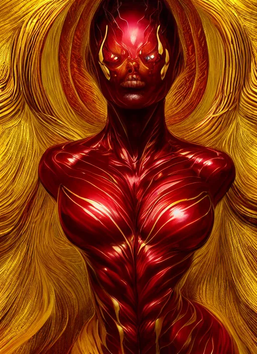 Image similar to female red and gold venom, naturel, hyper detailed, digital art, trending in artstation, cinematic lighting, studio quality, smooth render, unreal engine 5 rendered, octane rendered, art style by klimt and nixeu and ian sprigger and wlop and krenz cushart