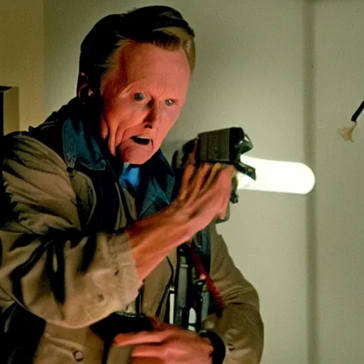 Image similar to john voight is a ghostbuster, capturing jane lynch horrible scary poltergeist, practical effects, monster makeup, gritty film, melting face, skeletal scream