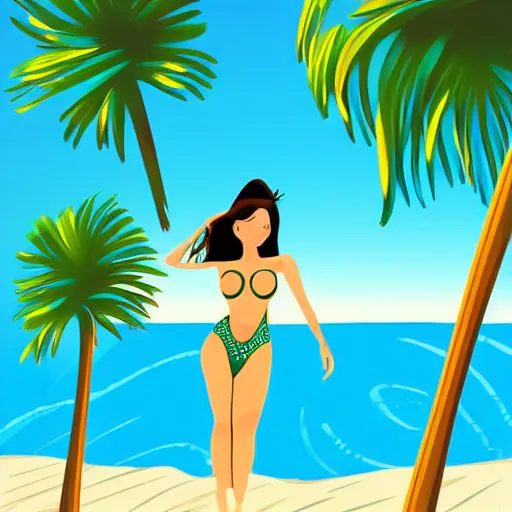 Image similar to a beautiful illustration of a woman in a swimsuit on the beach with palm trees by hed kandi, adobe illustrator