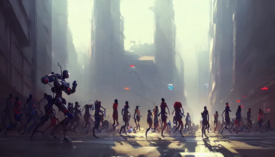 Image similar to marathon with running robots and people, artgerm greg rutkowski makoto shinkai, artstation