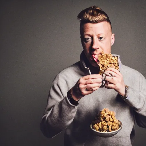 Image similar to macklemore eating cereal at home, photography, depth of field, 7 0 mm lens, studio lighting,