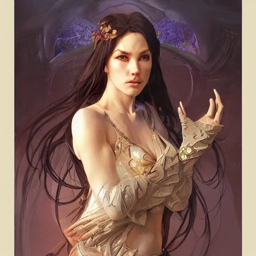 Prompt: Three quarters portrait of a female sorceress, highly detailed, digital painting, art by Stanley Lau and Artgerm and Greg Rutkowski and Alphonse Mucha, artstation, cgsociety, RPG portrait, Dungeons & Dragons