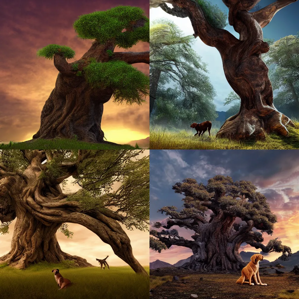 Prompt: ancient tree with a acient giant dog on its right, 8k, ultra detailed