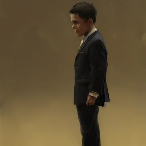 Image similar to oil painting of a man in a suit indifferent to an orphan boy who asks, by greg rutkowski, artstation