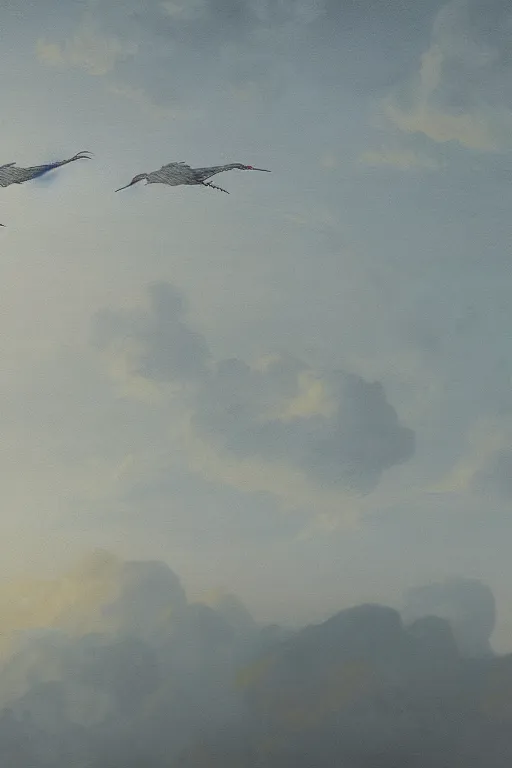 Image similar to A detailed matte painting of two cranes in flight, evening, close-up view, Moebius, Artstation