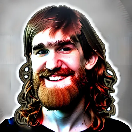 Image similar to bearded long - haired bo burnham outside of his house, smiling and dancing