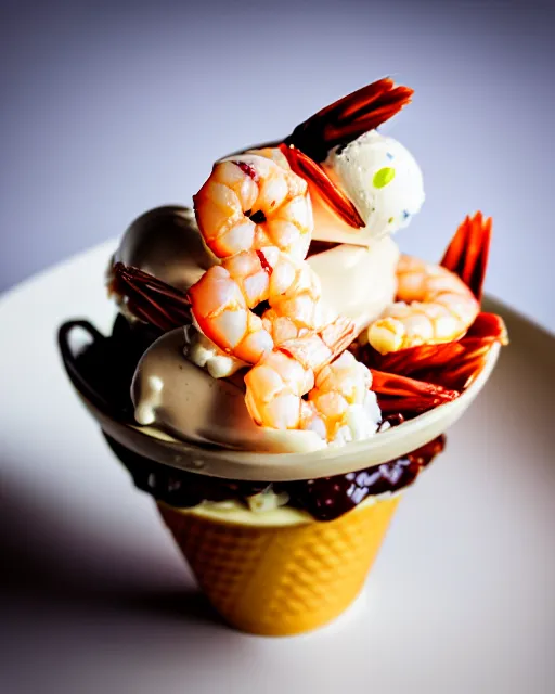 Prompt: dslr food photograph of an ice cream sundae with shrimps on. 8 5 mm f 1. 4