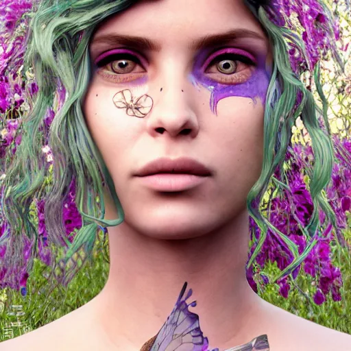 Image similar to the goddess of Spring, she resembles a mix of Grimes, Lana Del Rey, and Zoë Kravitz, in a style blend of Botticelli and Æon Flux, hyperphotorealistic, 4K, stunningly detailed, Arnold render,