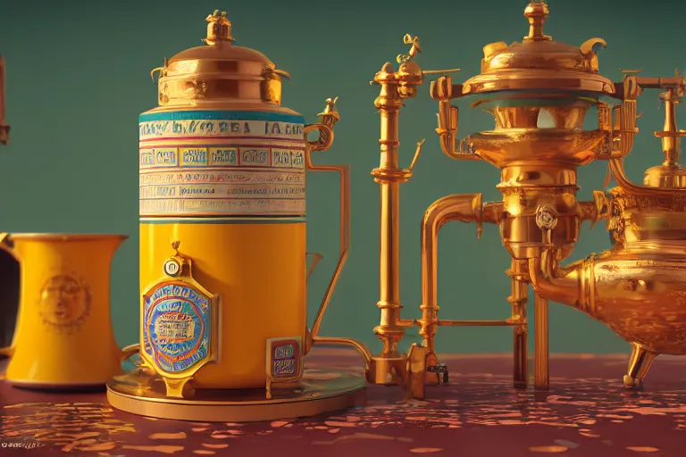 Image similar to a very detailed concept art of wes anderson samovar, trending on artstation, digital art, 4 k, hyper realistic, octane render, sharp focus